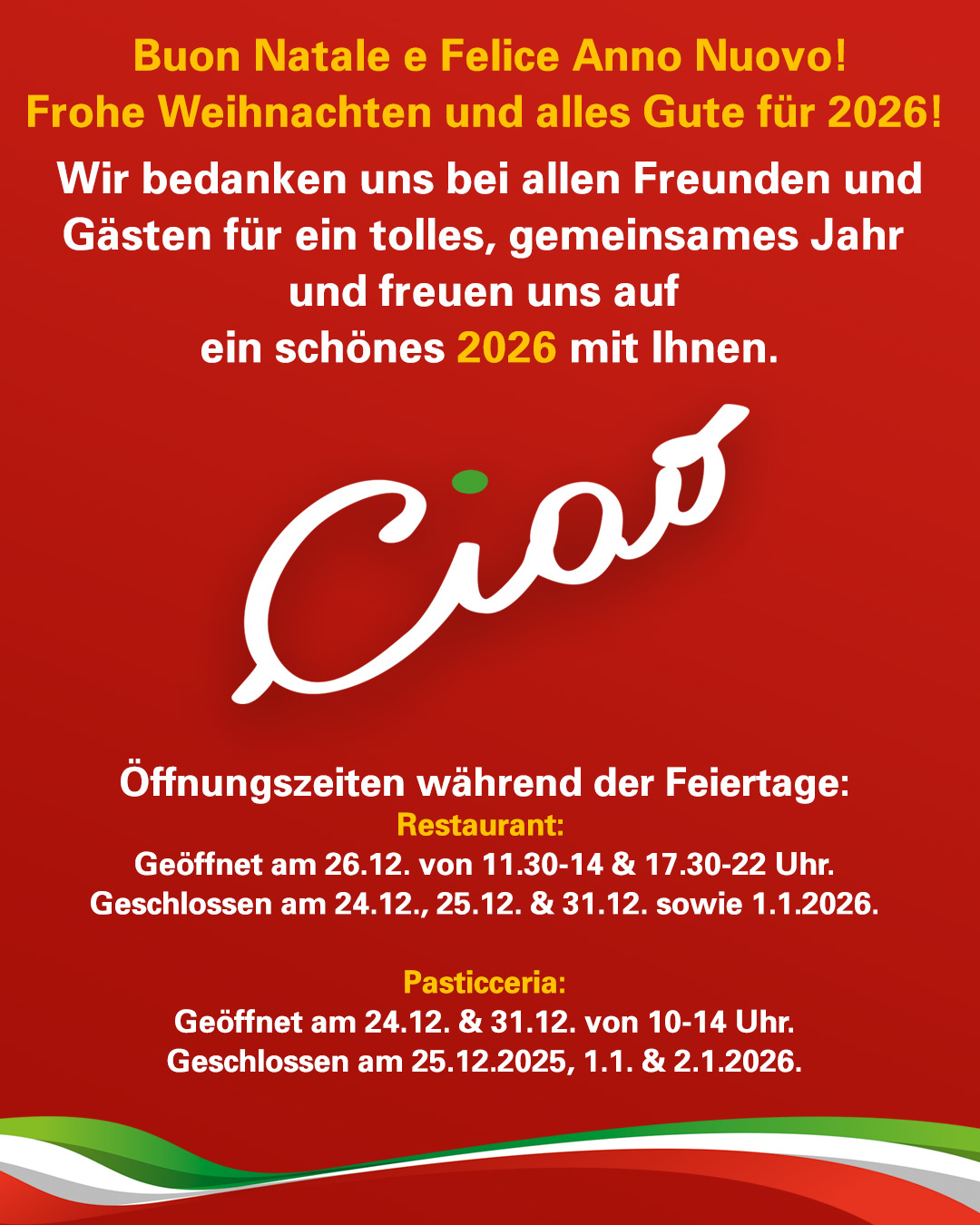 Ristorante Ciao – Italienische Küche in Mörfelden-Walldorf bei Frankfurt Seit über 40 Jahren steht das Ristorante Ciao in Mörfelden-Walldorf für echte italienische Küche, familiäre Atmosphäre und Leidenschaft für gutes Essen. Unser familiengeführtes italienisches Restaurant im Kreis Groß-Gerau, nur wenige Minuten von Frankfurt, Rüsselsheim und Kelsterbach entfernt, lädt Sie ein, den Geschmack Italiens in gemütlichem Ambiente zu genießen. Ristorante Ciao – Italienische Küche in Mörfelden-Walldorf bei Frankfurt Seit über 40 Jahren steht das Ristorante Ciao in Mörfelden-Walldorf für echte italienische Küche, familiäre Atmosphäre und Leidenschaft für gutes Essen. Unser familiengeführtes italienisches Restaurant im Kreis Groß-Gerau, nur wenige Minuten von Frankfurt, Rüsselsheim und Kelsterbach entfernt, lädt Sie ein, den Geschmack Italiens in gemütlichem Ambiente zu genießen.