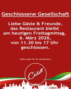 Ristorante Ciao – Italienische Küche in Mörfelden-Walldorf bei Frankfurt Seit über 40 Jahren steht das Ristorante Ciao in Mörfelden-Walldorf für echte italienische Küche, familiäre Atmosphäre und Leidenschaft für gutes Essen. Unser familiengeführtes italienisches Restaurant im Kreis Groß-Gerau, nur wenige Minuten von Frankfurt, Rüsselsheim und Kelsterbach entfernt, lädt Sie ein, den Geschmack Italiens in gemütlichem Ambiente zu genießen.
